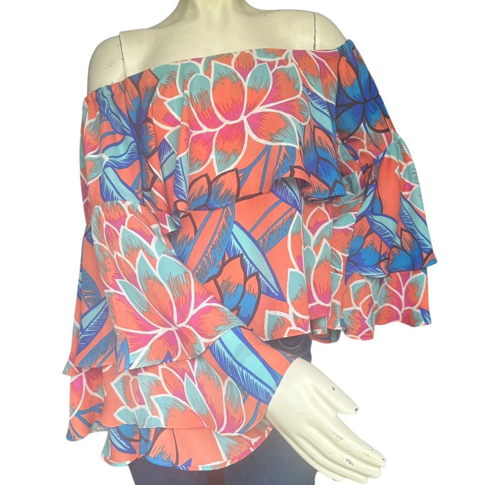 Parker Tropical Leaf Print Multicolor Ruffled Off Shoulder Bell Sleeve Blouse